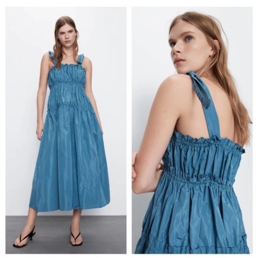 ZARA Tiered Maxi Midi Dress Bow Cottage Coquette blue taffeta S